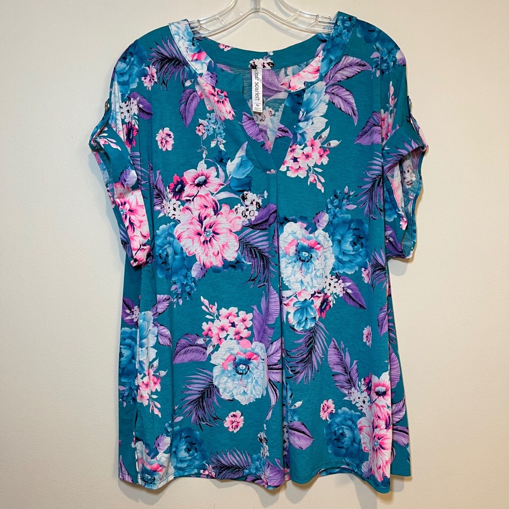 Dear Scarlett Lizzy Blouse Short Sleeve Shirt Top Multicolor Floral Size XL